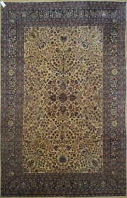 ANTIQUE ROOM SIZE IVORY FIELD ORIENTAL RUG.
