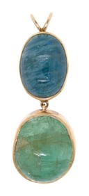 14K GOLD AQUAMARINE & EMERALD PENDANT.