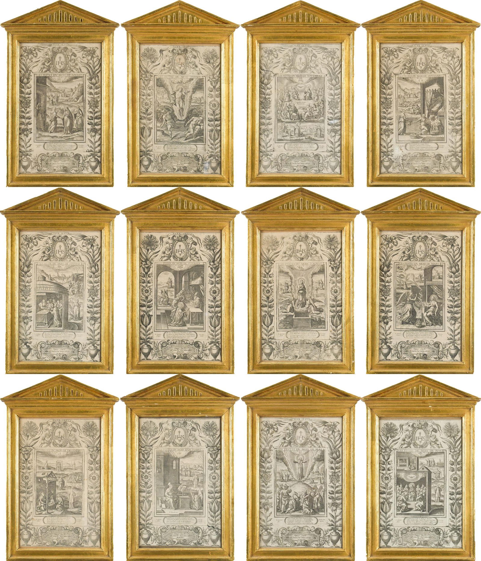 SET OF 12 L. GAULTIER 17TH C. ENGRAVINGS.: A set of twelve 17th C. Leonard Gaultier engravings, Les Festes Du Mois. In matching gilt frames 18” x 10”.