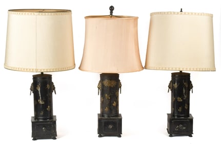 THREE ANTIQUE TOLEWARE LAMPS.