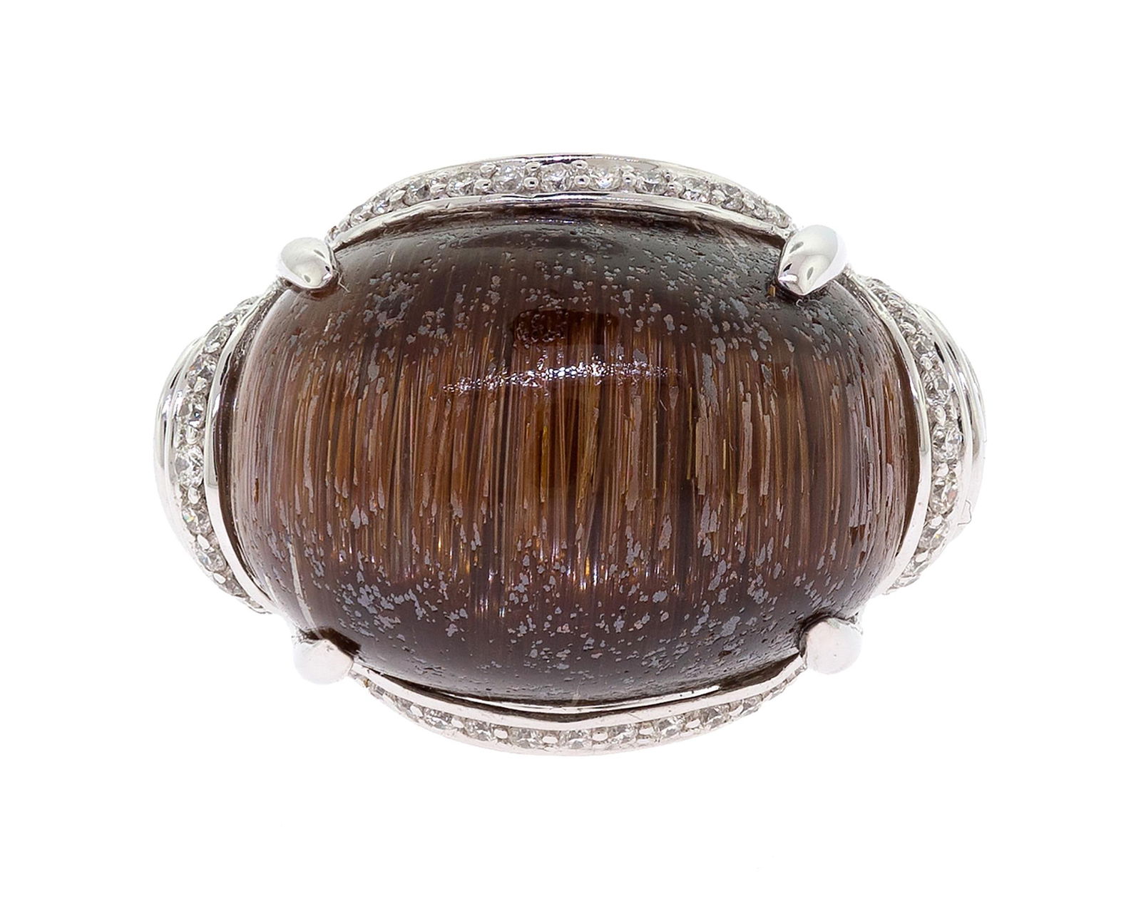 18K GOLD CAT'S EYE RUTILATED QUARTZ AND DIAMOND RING.: A signature Miranda's Collection 18k white gold (stamped) ring, set with a 10.4 ct., reddish brown, cat's eye, rutilated quartz and approx. .21 ct. tw. round brilliant cut, natural diamonds of H-I