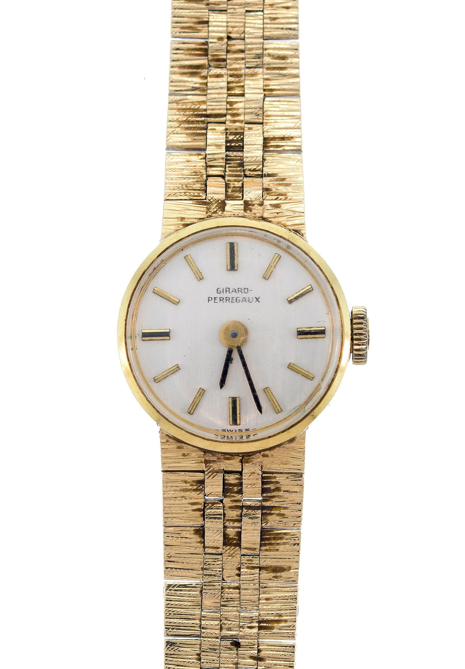 VINTAGE 14K GOLD GIRARD PERREGAUX WRIST WATCH.: A vintage 14k yellow gold (stamped) Girard Perregaux signed, wrist watch, mechanical movement, 17mm case, 6 1/4 inch wrist, 22.2 grams gross weight.