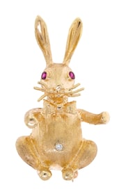 VINTAGE 14K GOLD SYNTHETIC RUBY & DIAMOND BUNNY PIN.