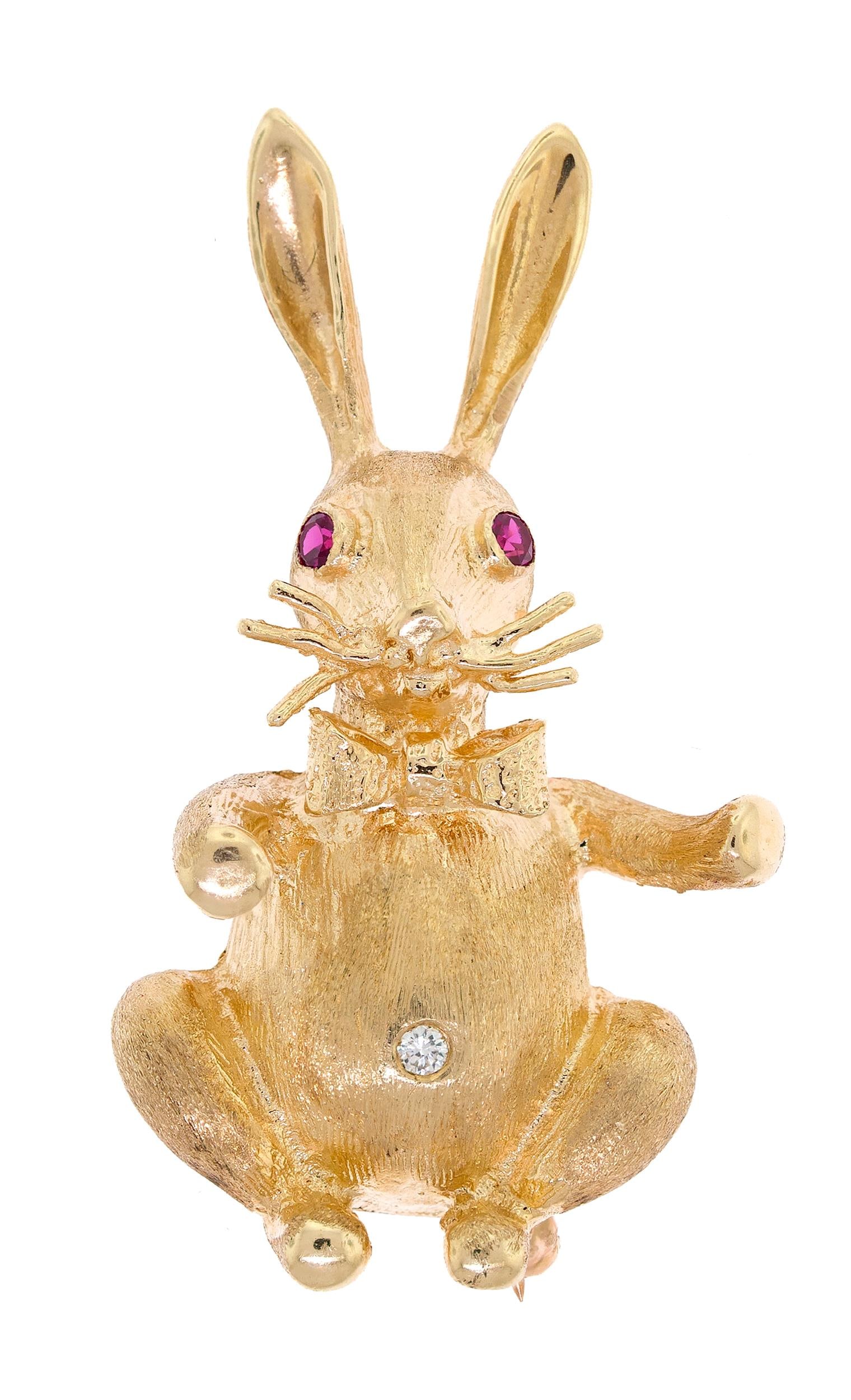 VINTAGE 14K GOLD SYNTHETIC RUBY & DIAMOND BUNNY PIN. (1 of 7)