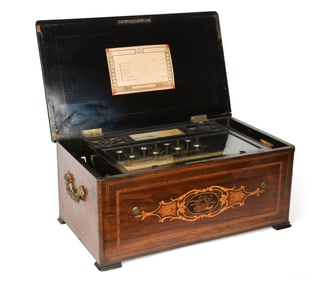 19TH C. SWISS INLAID CYLINDER ROLL MUSIC BOX.