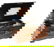 19TH C. SWISS INLAID CYLINDER ROLL MUSIC BOX.: A late 19th C. Swiss 13” cylinder roll, 6-tune music box with figural bird chimes that strike bells, in a good inlaid rosewood cabinet. 11”H x 24”W x 12.5”D.