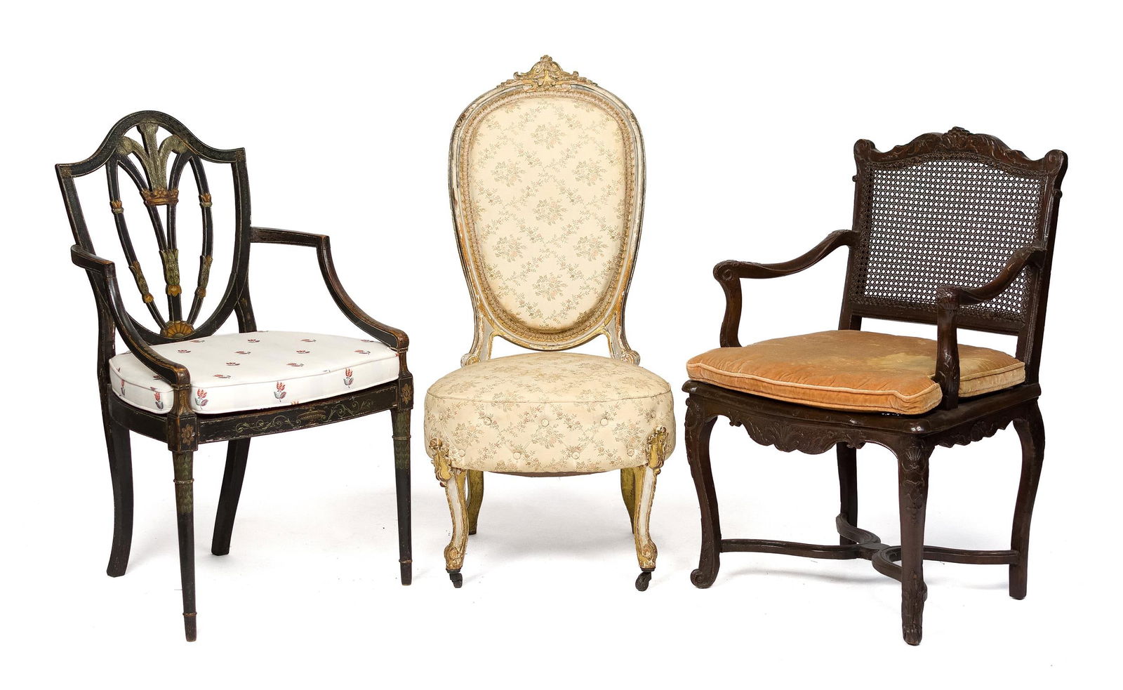 THREE 18TH C. FRENCH SIDE CHAIRS.: Three 18th C. French chairs, including: a carved example with caned seat and back, with Sothebys restoration tag, 25.5”H x 24”W x 16” seat H (caning replaced, old woodworm); a