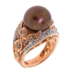 14K ROSE GOLD BROWN TAHITIAN PEARL & DIAMOND RING.