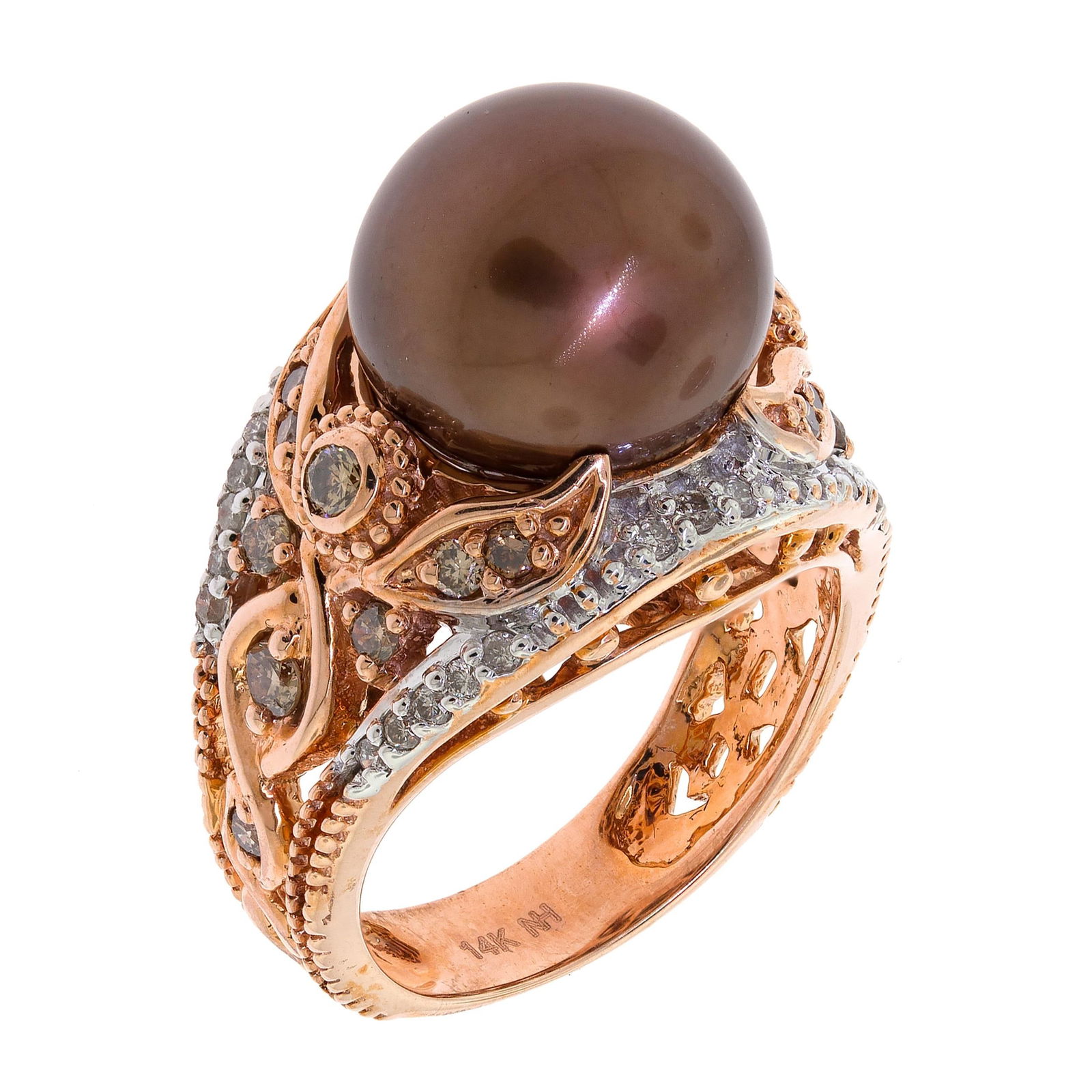14K ROSE GOLD BROWN TAHITIAN PEARL & DIAMOND RING. (1 of 12)