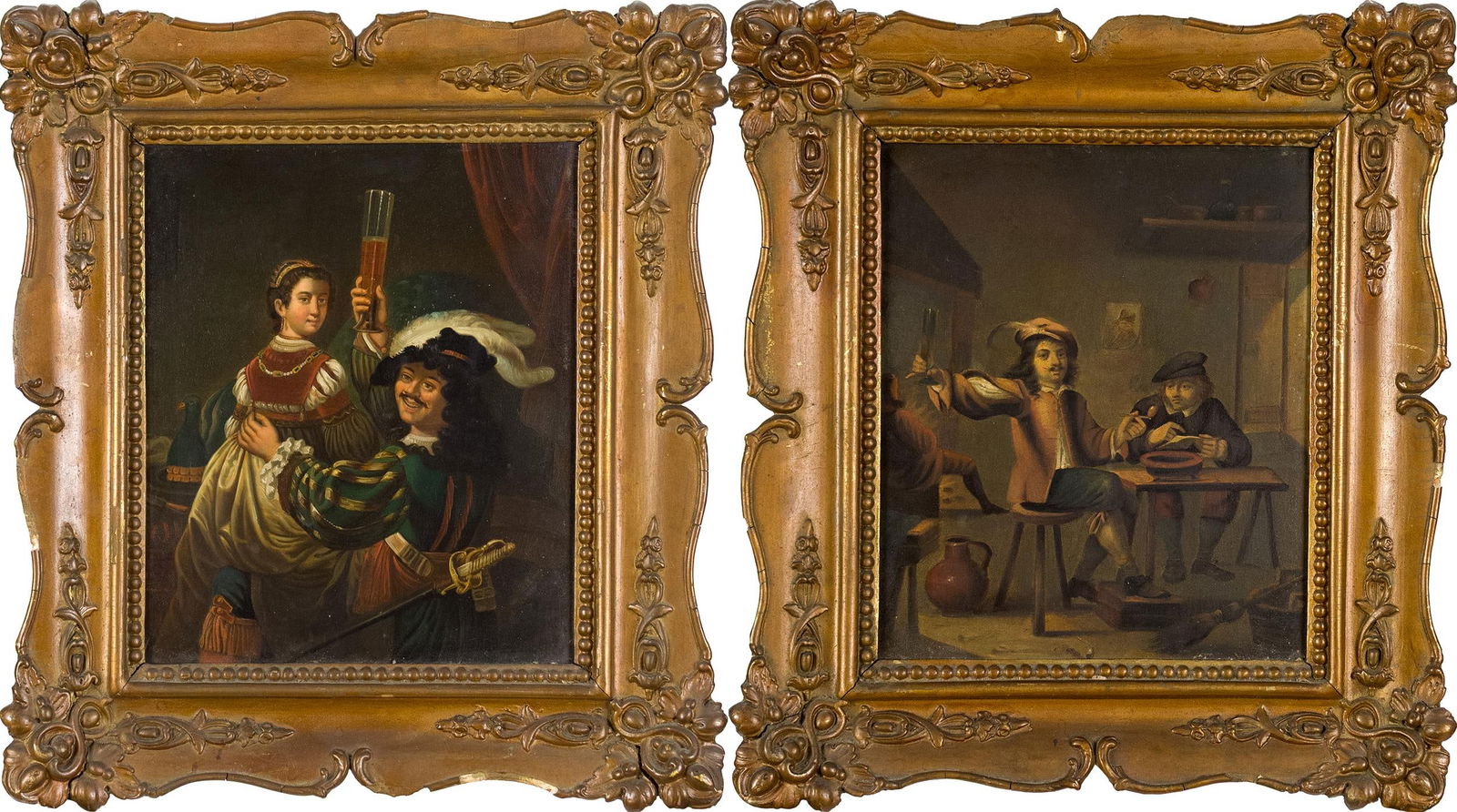 TWO 19TH C. OILS ON TIN, DUTCH TAVERN SCENES.: Two 19th C. oils on tin, Dutch tavern scenes, one a copy of Rembrandt’s Prodigal Son in a Brothel. In matching frames 14.5” x 13”.
