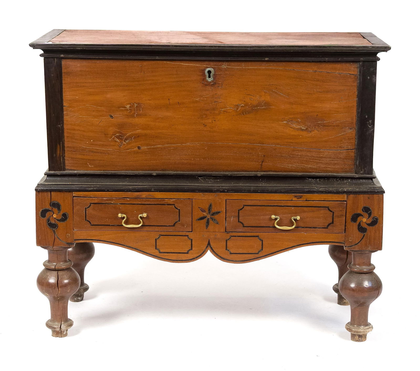 EARLY 19TH C. ANGLO-INDIAN INLAID DOWER CHEST.: An early 19th C. Anglo Indian dower chest, with ebonized moldings, a hinged lid, and a base with two drawers, on turned feet. 36”H x 41”W x 20”D.