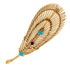 VINTAGE 18K GOLD RUBY & TURQUOISE FEATHER PIN.