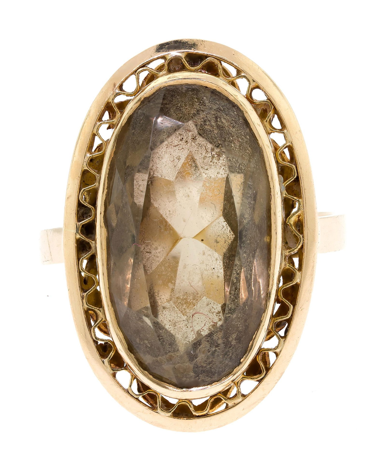 VINTAGE 18K YELLOW GOLD SMOKY QUARTZ RING.: A vintage 18k yellow gold (stamped) ring set with an approx. 8 ct., faceted oval, medium light, golden brown smoky quartz. Ring size 8, 23mm long, 6.4 grams.