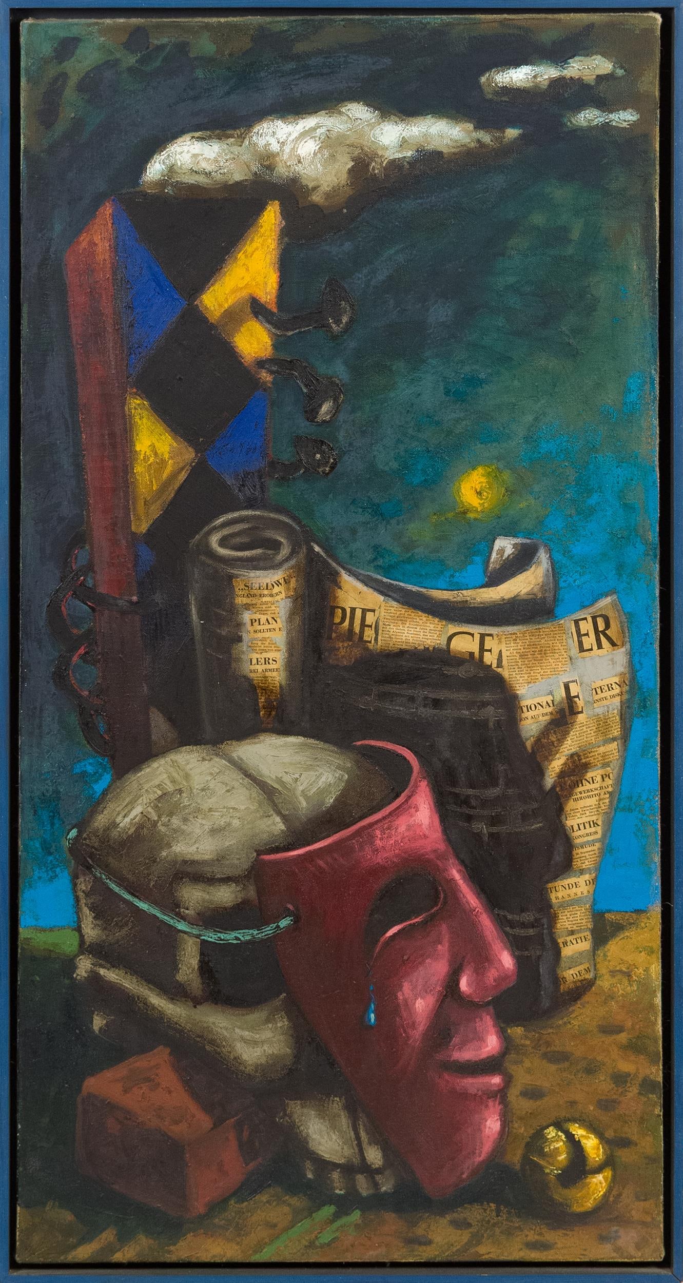 THOMAS SCHINDLER OIL, STILL LIFE WITH MASK.: A Thomas Schindler (b. 1959) oil on canvas, signed and titled on reverse, Stilleben (Still Life), 1986. Includes original receipt. Frame 49” x 25”. Provenance: a Center Harbor, NH,