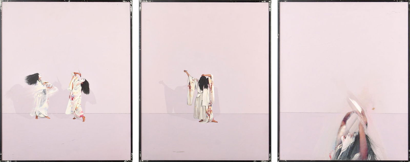 DONALD BRADFORD TRIPTYCH, MADAME BUTTERFLY.: A Donald Bradford (20th C.) mixed media triptych, 'Madame Butterfly, 1984', signed on reverse with Ivory Kimpton Gallery San Francisco labels. Each frame 20.5” x 16.5”. Provenance: a