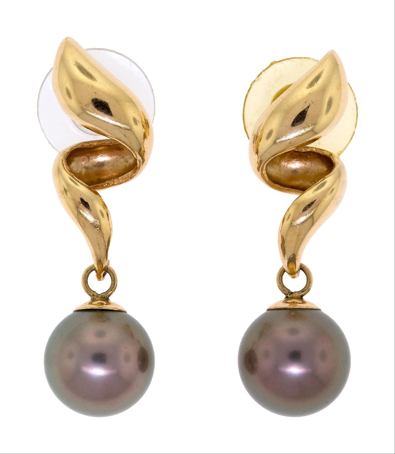 14K GOLD TAHITIAN PEARL SWIRL DROP EARRINGS.: A pair of 14k yellow gold (tested), Tahitian pearl, drop earrings, medium light, silvery gray with a soft pink orient, 11mm round, blemish free, 1 1/2 inches long, 7.6 grams.