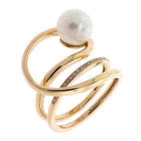 EFFY 14K GOLD PEARL & DIAMOND SWIRL RING.