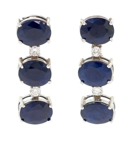 14K GOLD LEAD GLASS-FILLED SAPPH. & DIAM. EARRINGS.