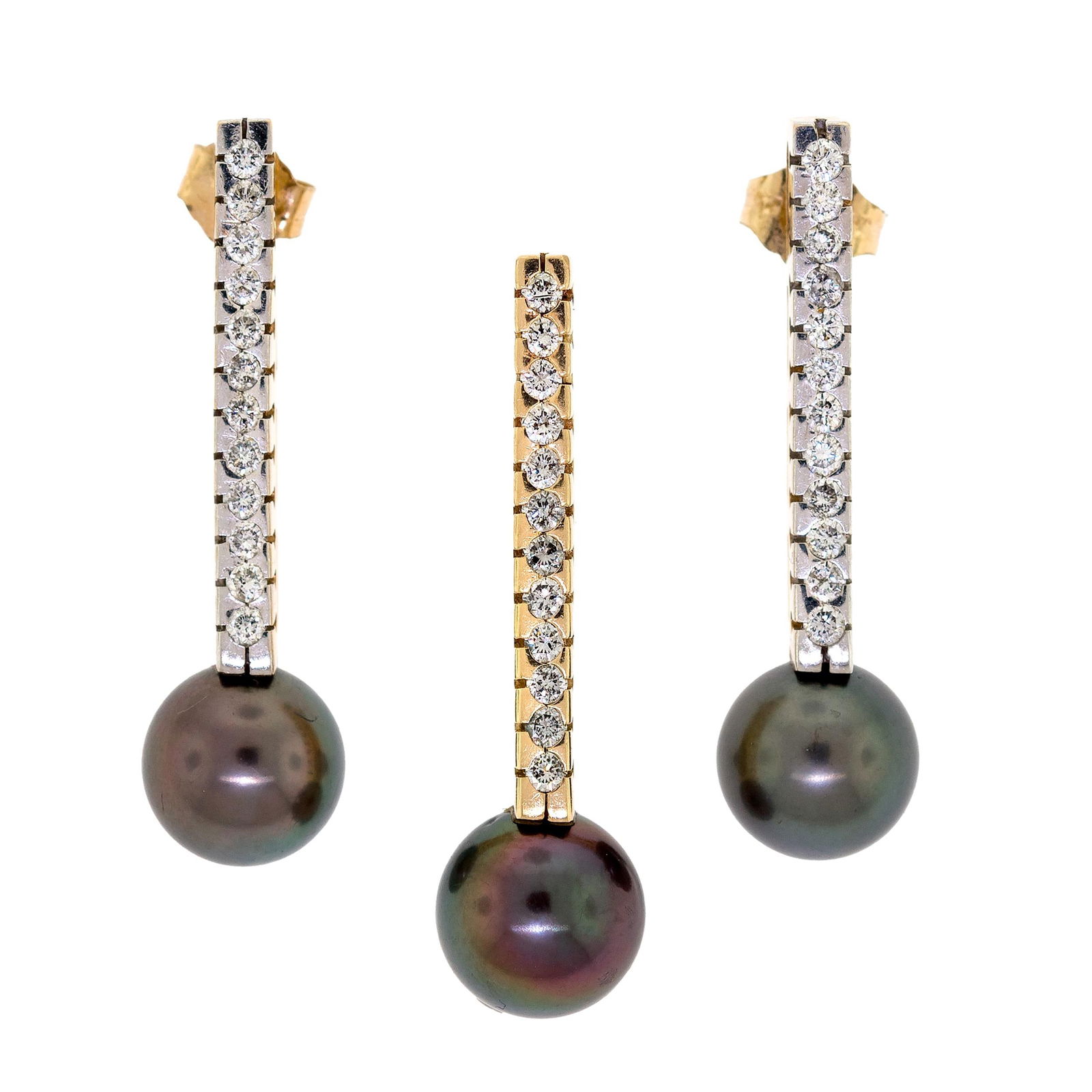 14K GOLD TAHITIAN PEARL & DIAMOND PENDANT & EARRINGS. (1 of 8)