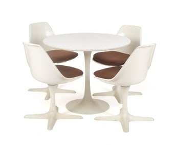 ARKANA TULIP STYLE TABLE AND FOUR CHAIRS.