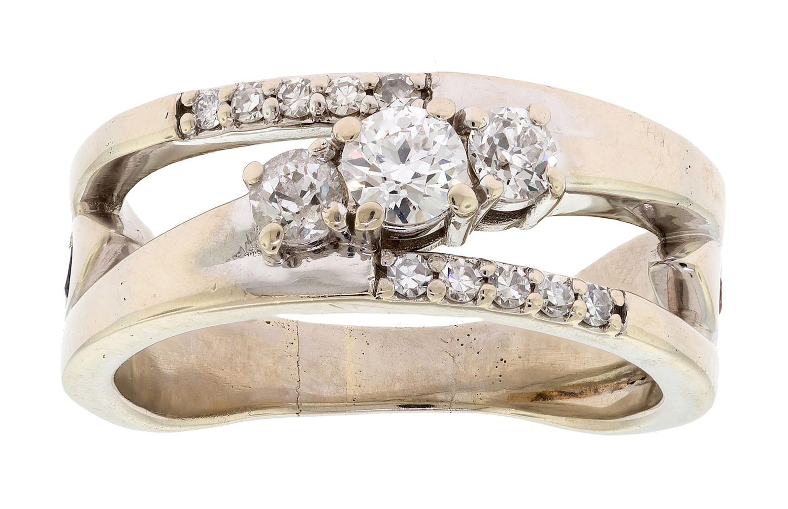 14K GOLD CUSTOM DIAMOND BAND W/AMETHYST & TOPAZ.: A 14k white gold (tested) custom made band set with approx. .60 ct. tw., Old European and single cut, natural diamonds of G-H-I color and VS clarity and two faceted round, amethyst and brown topaz set