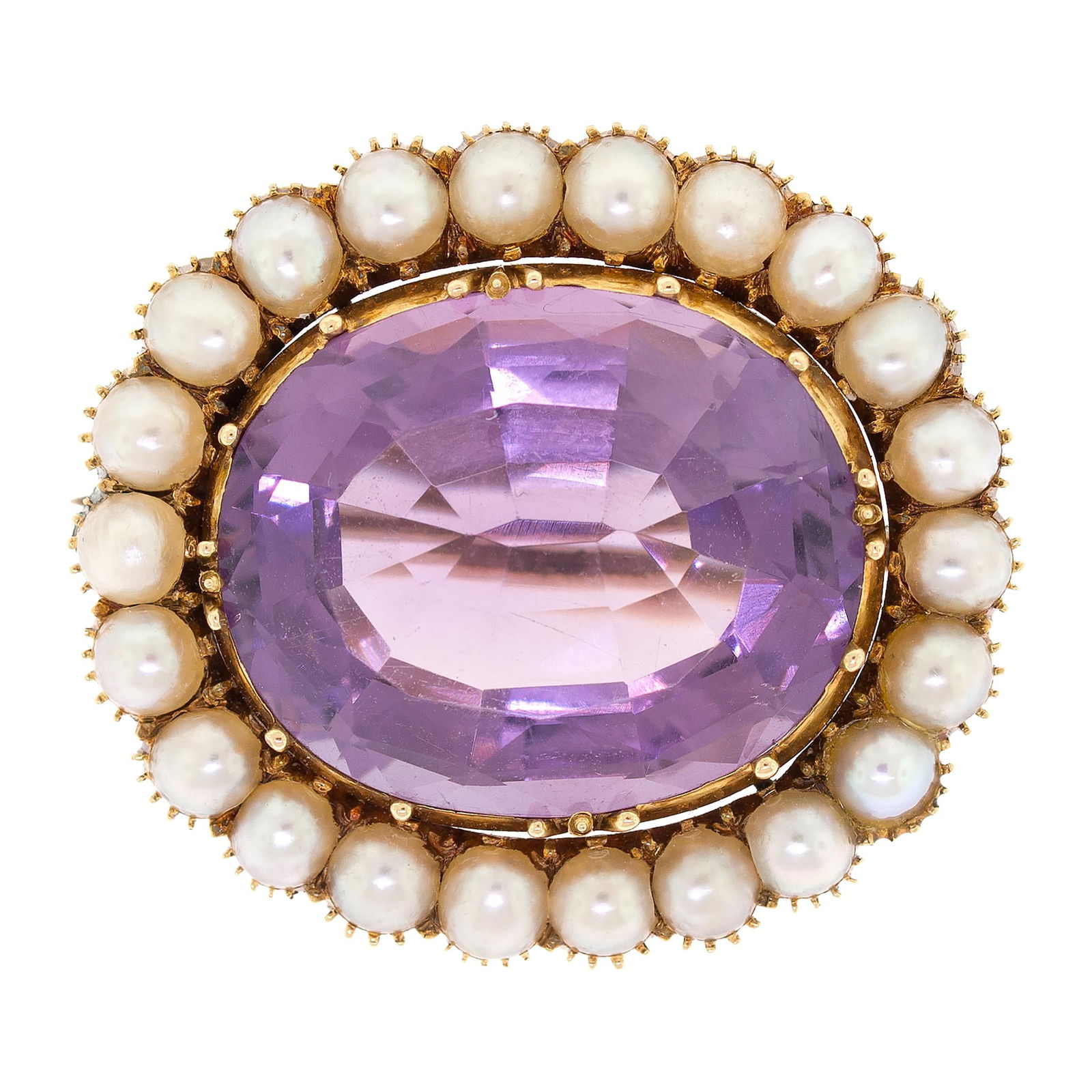 VICTORIAN 14K GOLD AMETHYST & PEARL PIN.: A 14k yellow gold (tested) Victorian pin, set with an approx. 15 ct., medium light purple amethyst surrounded by half pearls with very good luster, approx. 4mm, 1 1/8 of an inch, 8.5 grams.