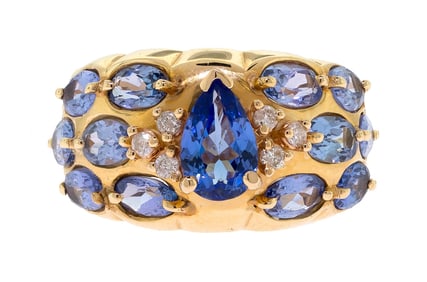 14K GOLD PEAR TANZANITE & DIAMOND RING.