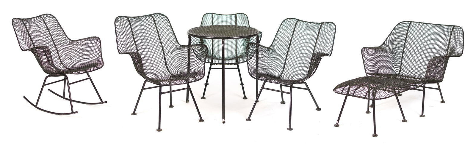 RUSSELL WOODARD SCULPTURA CHAIRS AND STAND, 7 PCS.: Russell Woodard 'Sculptura' furniture, in black painted metal, including: four chairs and one rocking chair of different sizes, from 27.5”H x 27”W to 31”H x 27”W; a stool 14