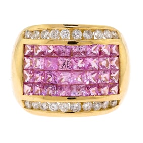 14K GOLD INVISIBLE SET PINK SAPPHIRE & DIAMOND BAND.