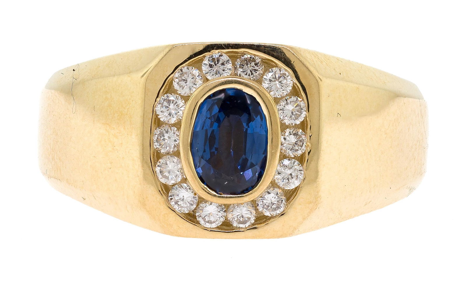 14K GOLD SAPPHIRE & DIAMOND RING.: A 14k yellow gold (stamped) ring set with an approx. .60 ct. faceted oval, dark blue sapphire and approx. .28 ct. round brilliant cut, natural diamonds of G-H color and SI clarity. Ring size 13, 12mm