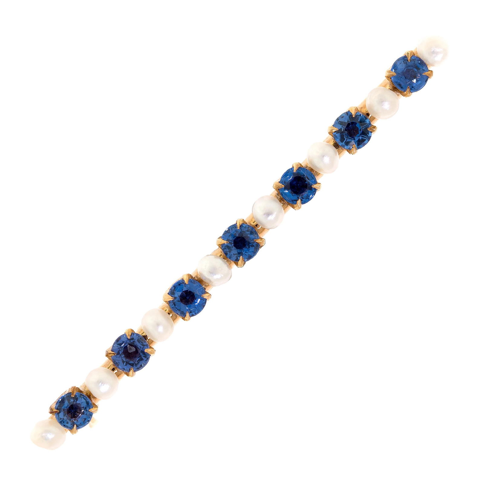 VICTORIAN 14K GOLD SAPPHIRE & PEARL BAR PIN.: A Victorian 14k yellow gold (stamped) bar pin set with approx. 1.12 ct. tw., faceted round, medium blue sapphires and seed pearls, 3mm, near to off-round, 2 inches long, 4.1 grams.