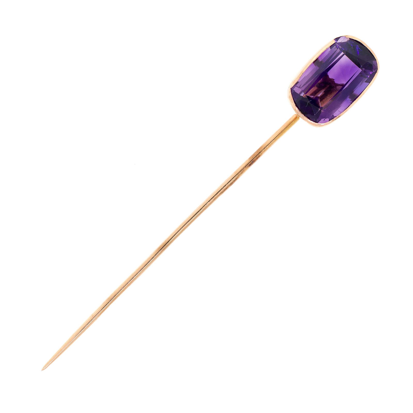 VICTORIAN 14K GOLD AMETHYST STICK PIN.: A Victorian 14k yellow gold (tested) stick pin set with an approx. 6 ct., faceted cushion cut, dark purple amethyst, 2 7/8 inches long, 2.9 grams.