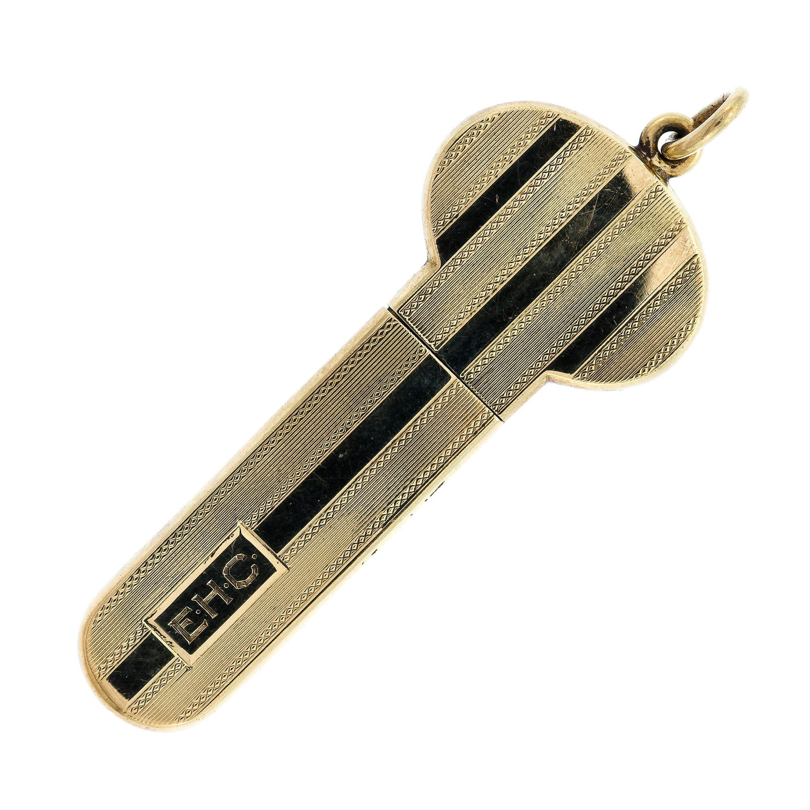 ART DECO 14K GOLD KEY CASE W/ KEY BLANK.: An Art Deco 14k yellow gold (stamped) key case with key blank (steel), EHC monogram, 2 1/2 inches long with loop.