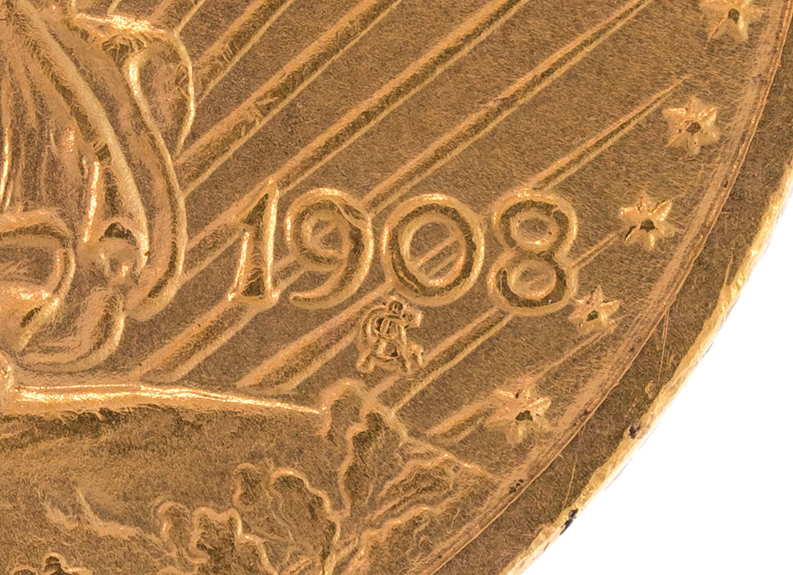 1908 ST. GAUDENS DOUBLE EAGELE $20 GOLD COIN. - 6