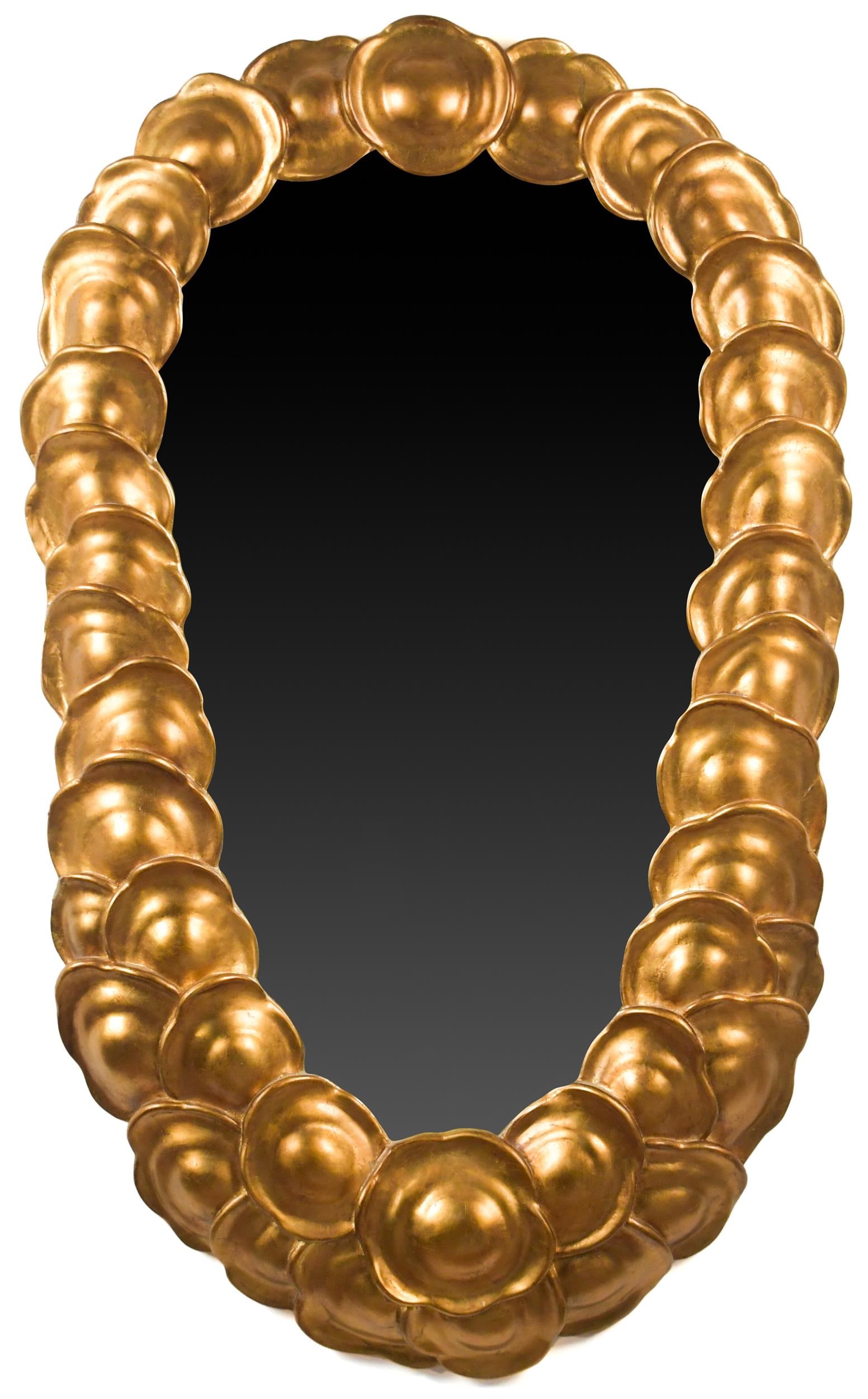 CONTEMPORARY GILT WALL MIRROR.: A contemporary 20th C. gilt decorated wall mirror with a stylish and unusual scalloped or 'ravioli' motif. 48”H x 31”W.