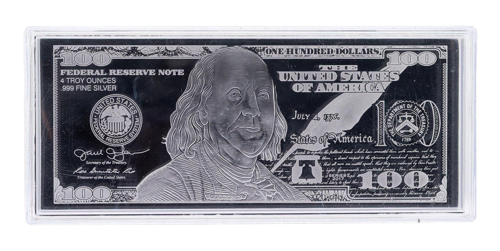 4 OZ T .999 SILVER $100 DOLLAR US NOTE.: A .999 fine silver, US $100 Federal Reserve Note, 2017, including acrylic case, approx. 6 x 2.5 inches, 4 troy ounces.