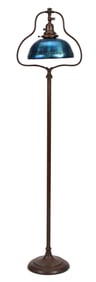 ATTRIB. HANDEL HARP FLOOR LAMP, BLUE GLASS SHADE.