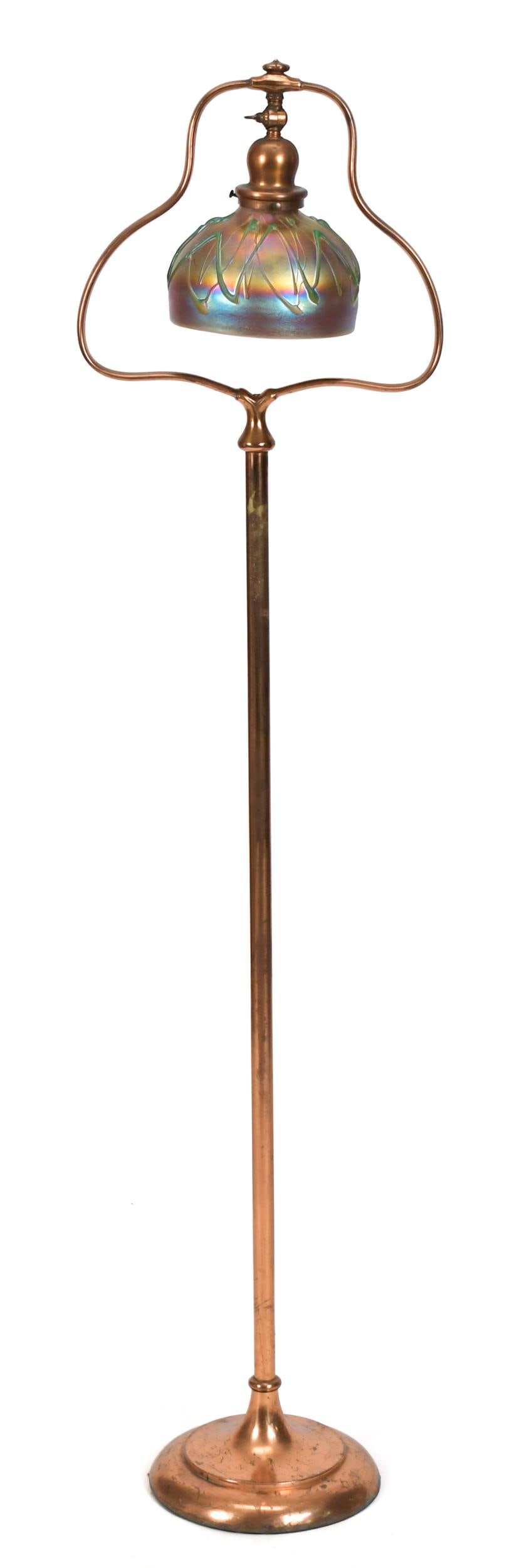 VINTAGE ATTRIB. HANDEL FLOOR LAMP.: An early 20th C. attributed Handel floor lamp, with an iridescent gold unsigned art glass shade. 57’H x 13.5”W. Shade 7” dia.