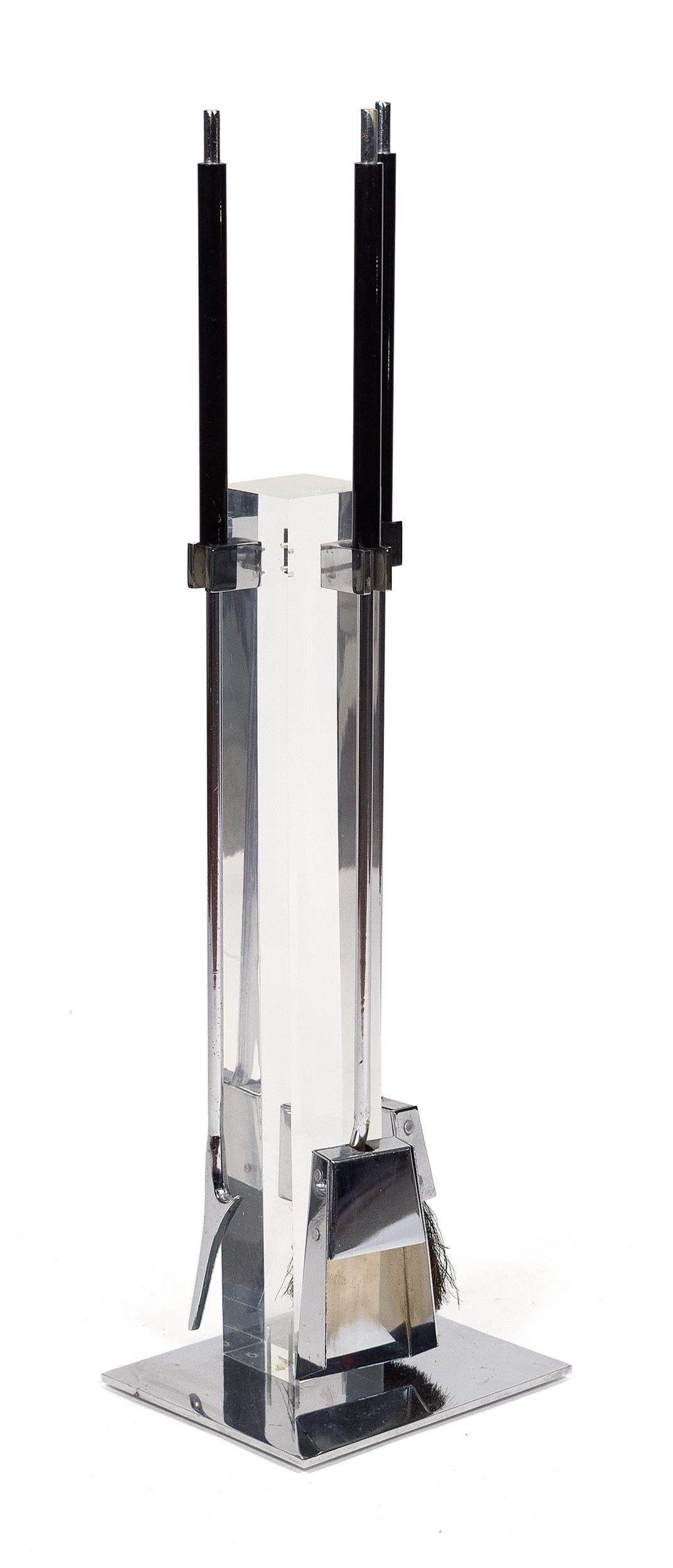 ALESSANDRO ALBRIZZI CHROME LUCITE FIREPLACE TOOLS.: A vintage Alessandro Albrizzi (attributed) chrome and lucite fireplace tool set with holder. Tools 34”H (average) x Stand 24.5”.