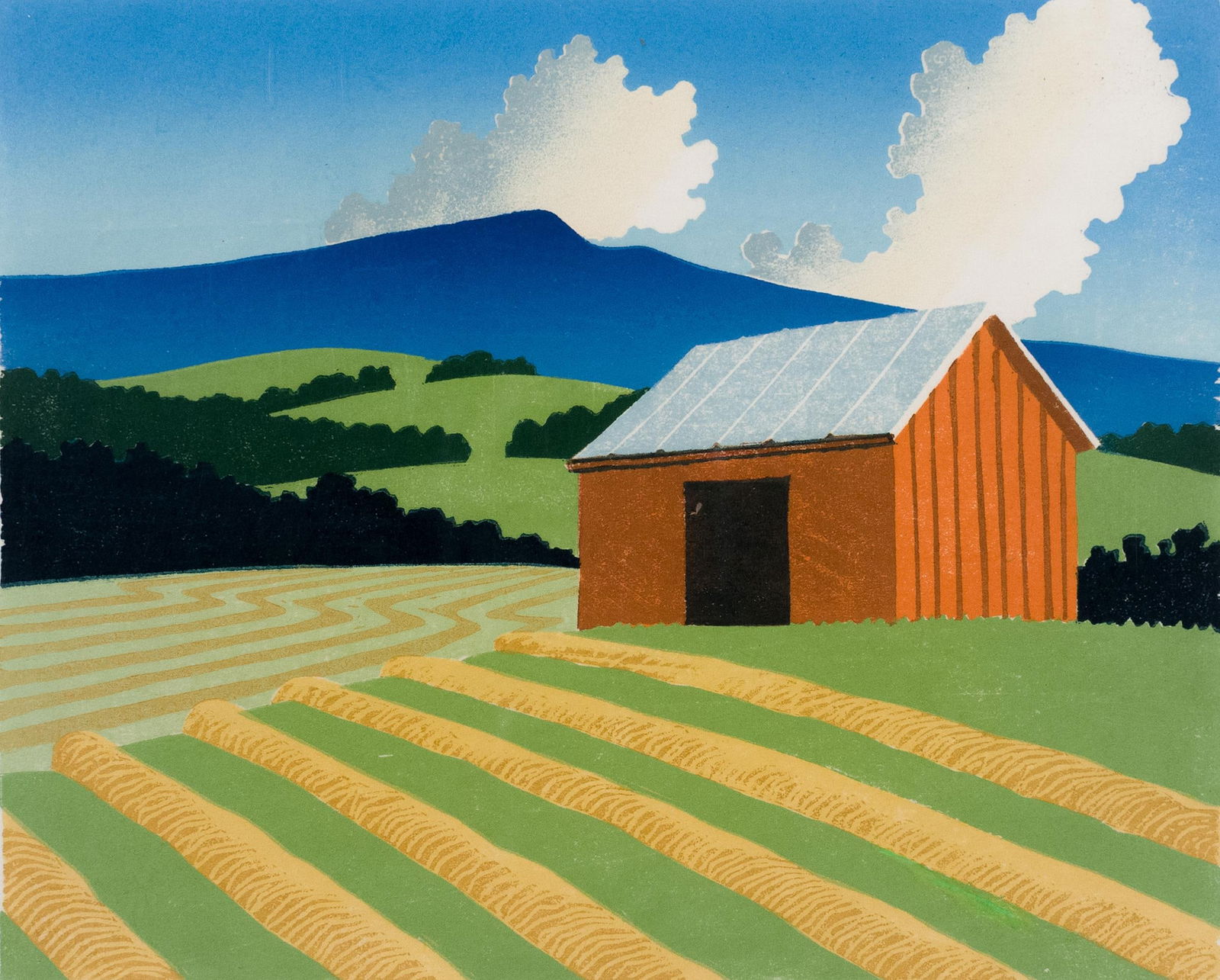 SABRA FIELD WOODBLOCK PRINT, WINDROWS. - 3