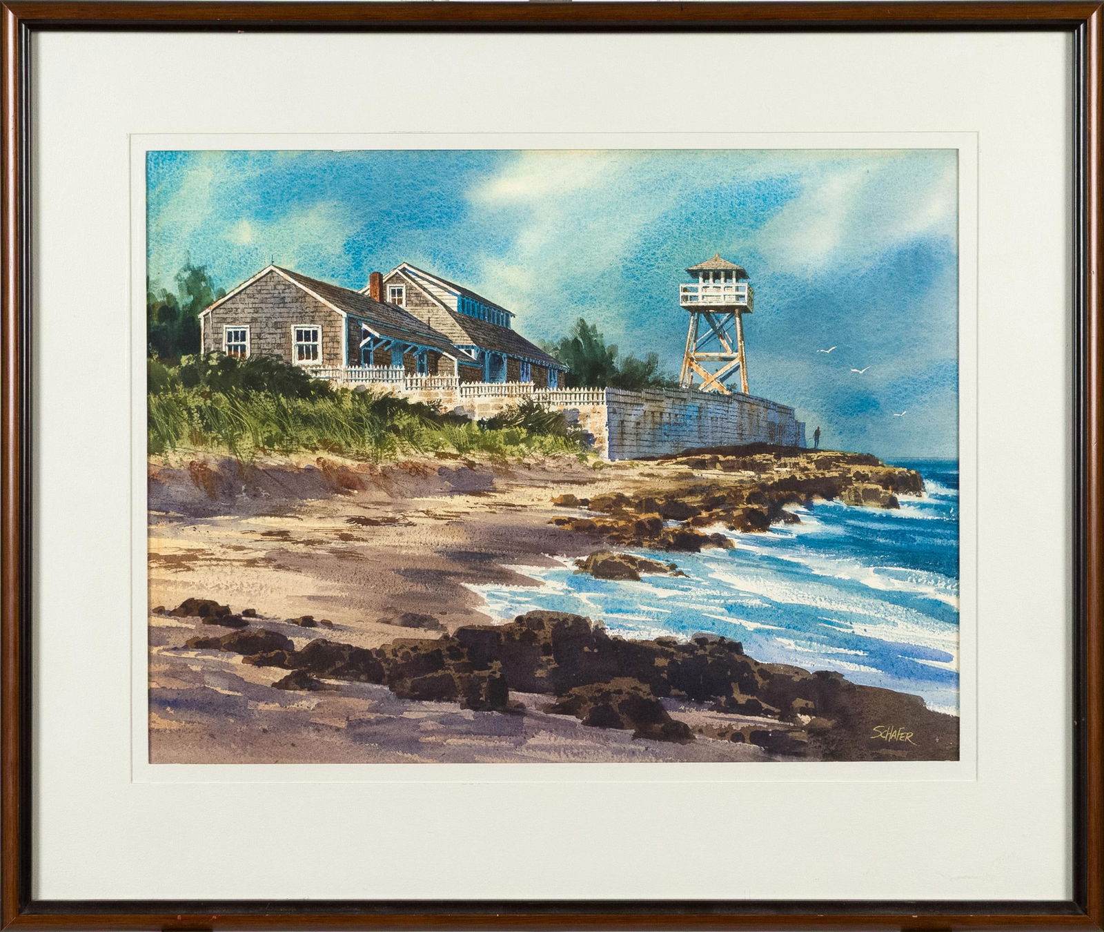 LATE 20TH C. HOWARD SCHAFER MARITIME WATERCOLOR: A ca. 1970 Howard Schafer watercolor depicting a New England coastal scene, double matted, signed lower right, Schafer. Image 13.75”H x 18.5”W, Frame 21.25”H x 25”W.