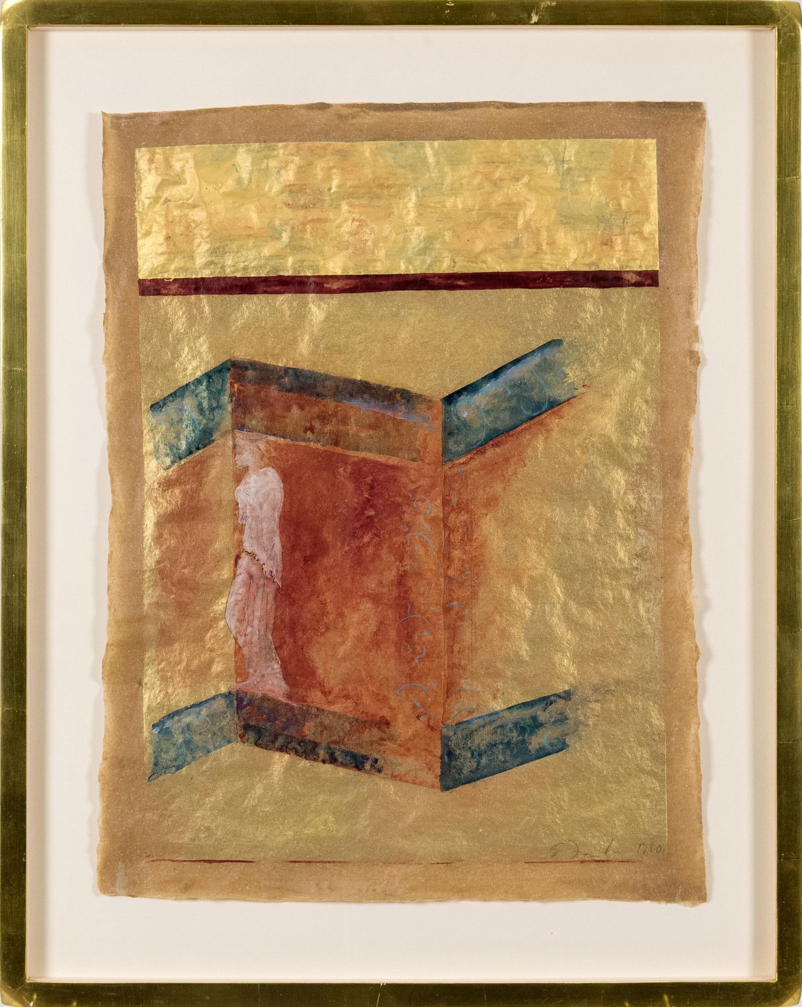 ELLEN FRANK WATERCOLOR, AFTER POMPEII II.: Ellen Frank (20th C.) watercolor, egg tempera and mica on handmade linen paper, titled After Pompeii II: Grace. 1990. With Gwenda Jay Gallery Chicago label on reverse. Frame 28.5” x 22”.