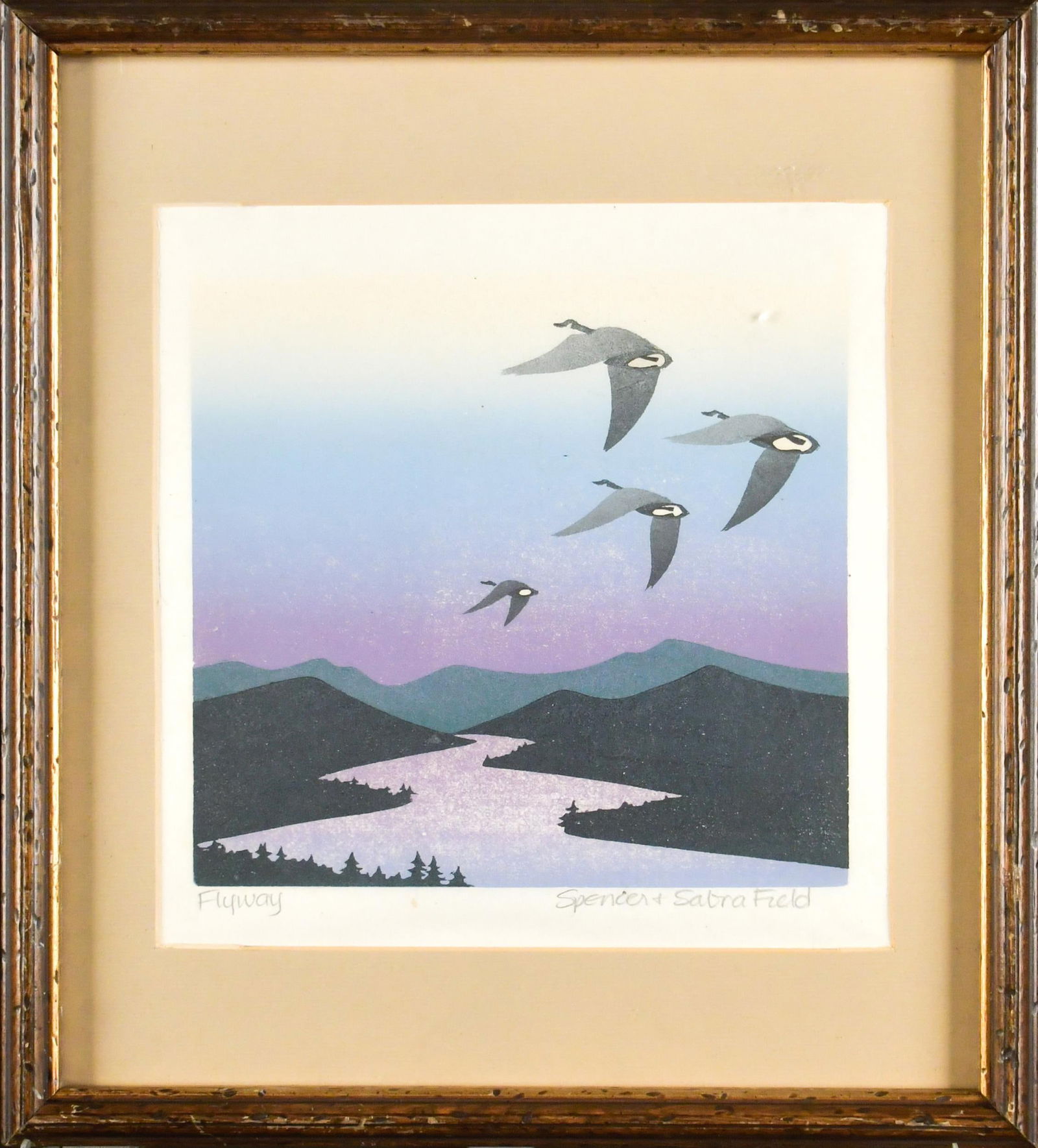 SPENCER & SABRA FIELD WOODBLOCK, FLYAWAY, 1 OF 2.: A Spencer & Sabra field pencil signed woodblock print, titled ‘Flyaway’. Image 9.5” x 9”, Overall in frame 15.5” x 13.5”.
