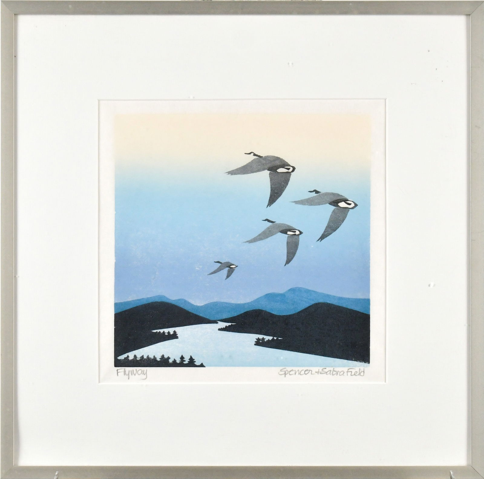 SPENCER & SABRA FIELD WOODBLOCK, FLYAWAY, 2 OF 2.: Spencer and Sabra Field woodblock print, Flyaway, signed and titled in margin. Frame 15” x 15”.