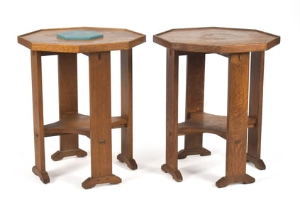 PR. 20TH C. STICKLEY ARTS & CRAFTS OAK LAMP TABLES.