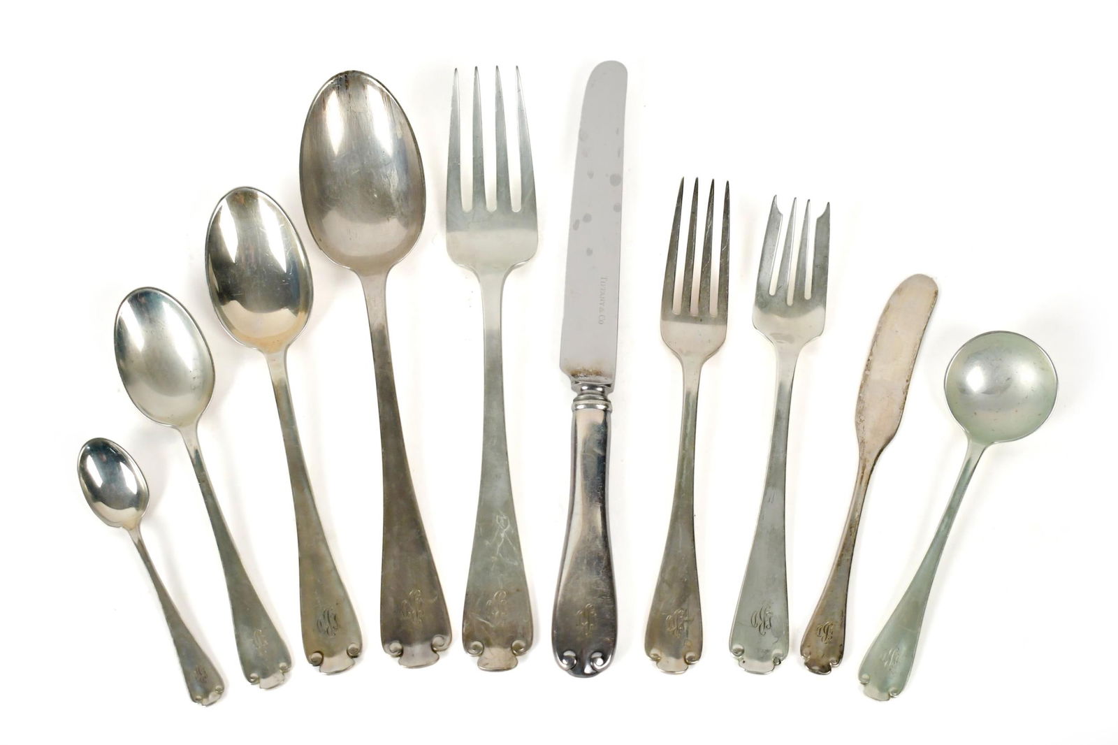 TIFFANY STERLING FLEMISH FLATWARE, SERVICE FOR 8.: A set of vintage Tiffany & Co. Flemish pattern sterling flatware, including: 8 dinner forks 7”L, 8 salad forks 6.75”L, 8 tablespoons 7”L, 8 teaspoons 6”L, 8 soup spoons