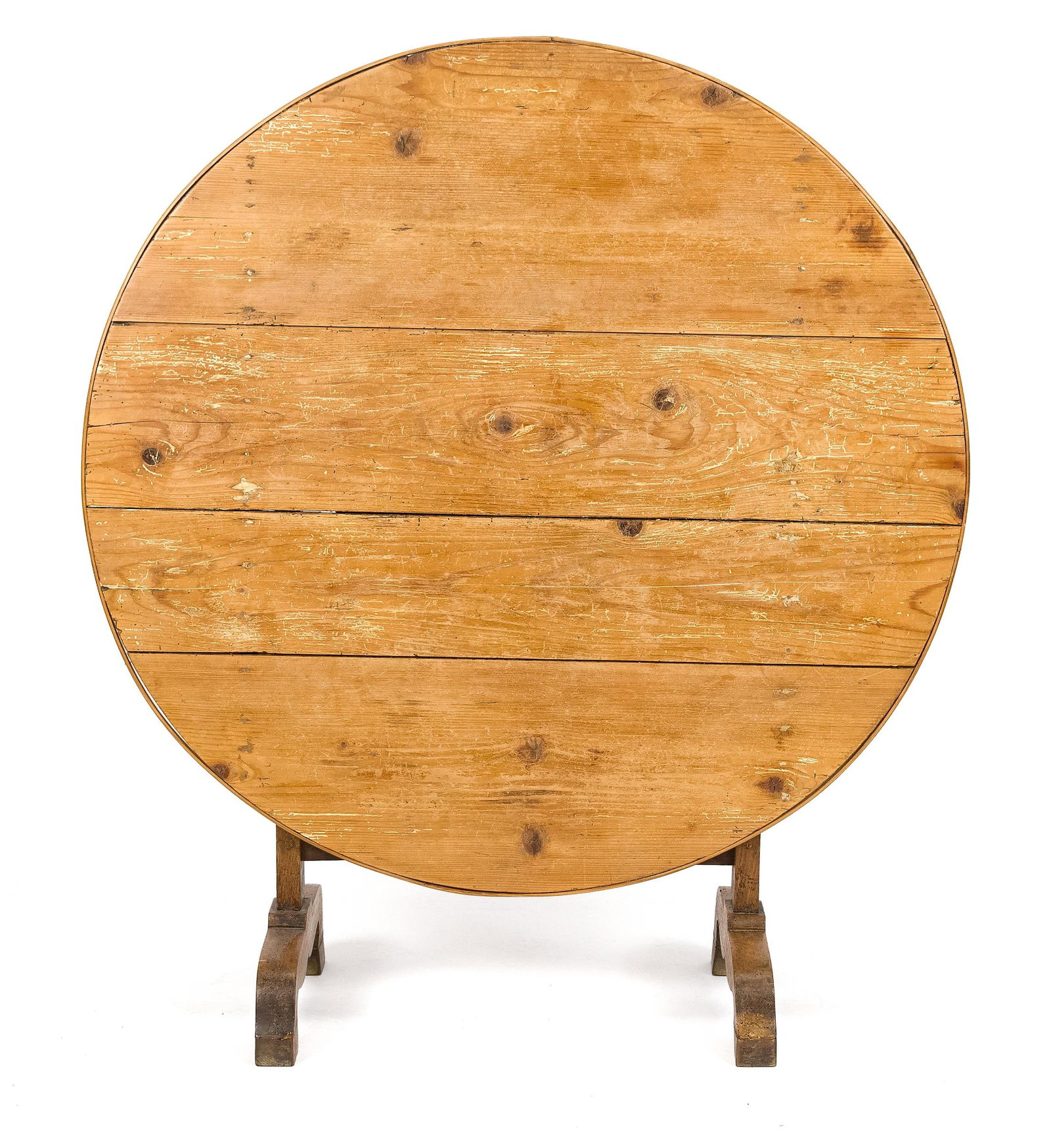 19TH C. SHOE FOOT WINE TASTING TUCK-AWAY TABLE.: An early 19th C. English or Irish, pine shoe-foot tuck-away wine tasting table in natural finish. Stands 47”H in tipped up position x 42” dia.