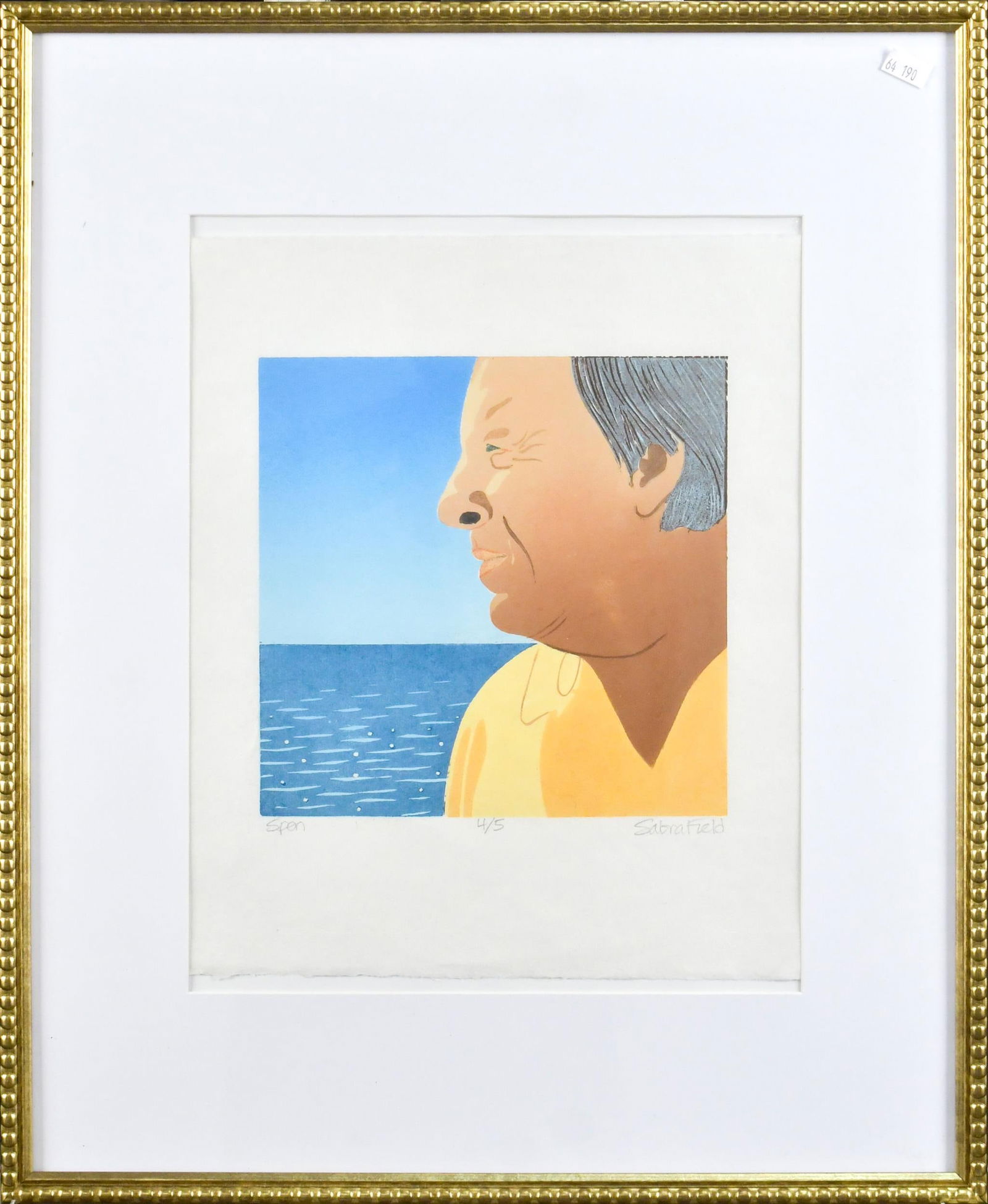 SABRA FIELD WOODBLOCK PRINT, SPEN.: A vintage pencil signed Sabra Field woodblock print, ‘Spen’, a portrait of the artist’s husband, #4/5. Image 8” x 8”, Overall in frame 20.75” x 16.75”.