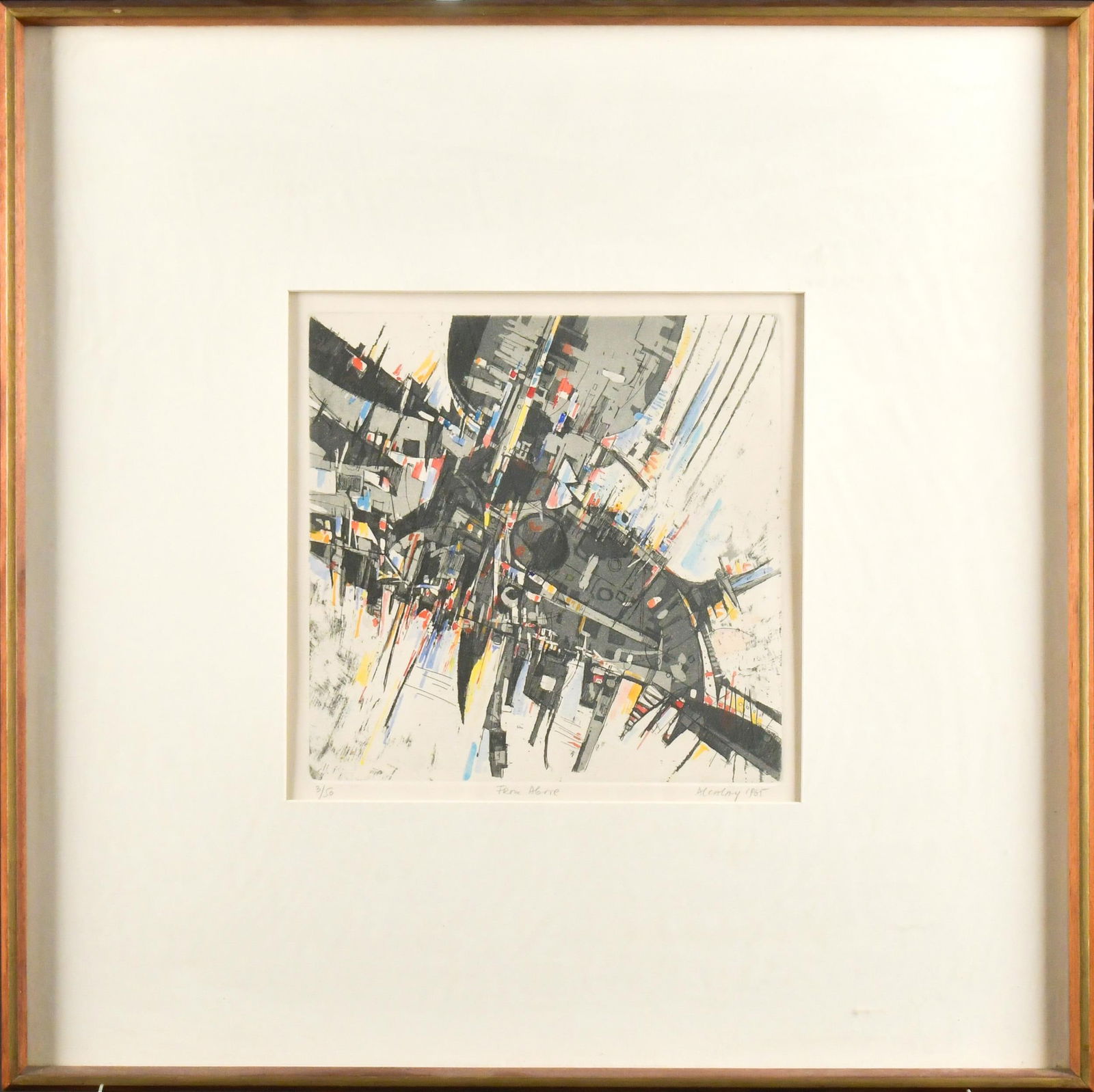 ALBERT S. ALCALAY ETCHING, FROM ABOVE.: An Albert S. Alcalay (1917-2008) etching with hand coloring, abstract, signed in margin 1965, titled and numbered 3/50. Image 9.5” x 9.5”.