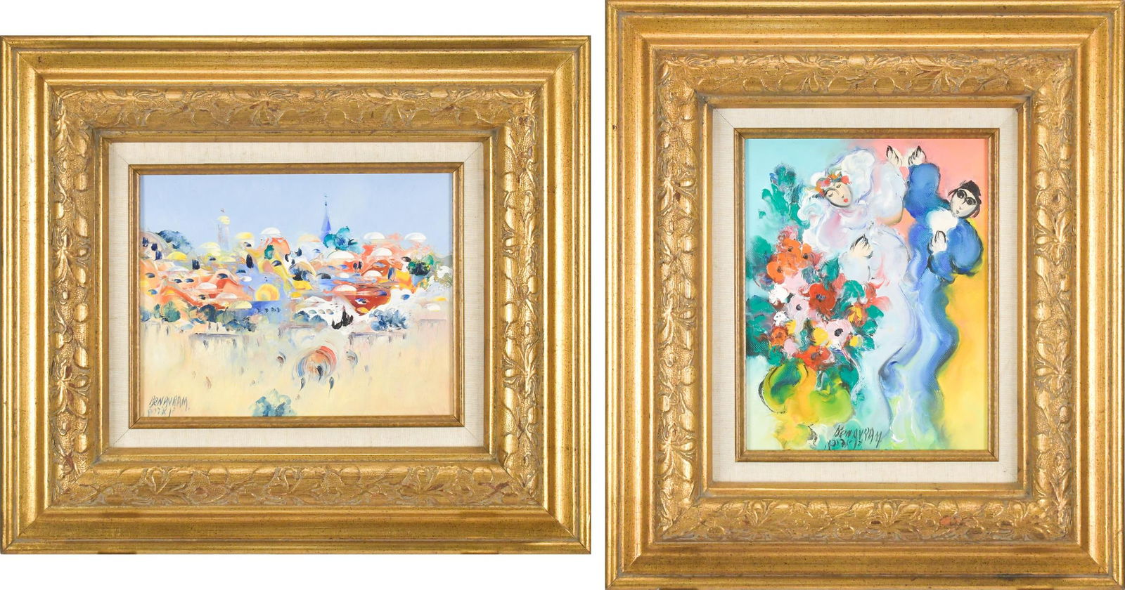 TWO BEN AVRAM OIL, SCENES OF ISRAEL.: Two Ben Avram (b. 1937) oil on artist board paintings, titled on reverse ‘Scenes of Israel’. Images 8” x 10”, Overall in frames 18” x 16”.
